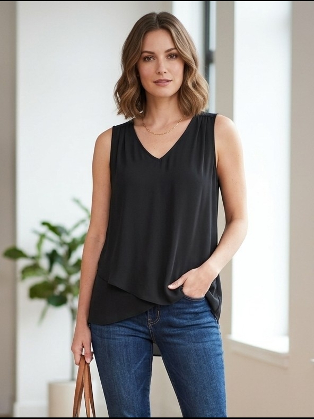Chelsea Theodore Black Sleeveless Layered Asymmetrical Hem Blouse Size Small